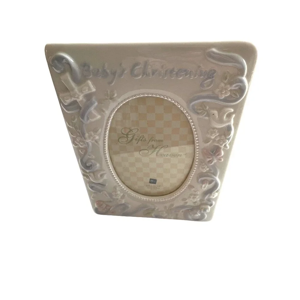 Baby's Christening Fame Ceramic White Blue & Pink Cross Oval Russ 5